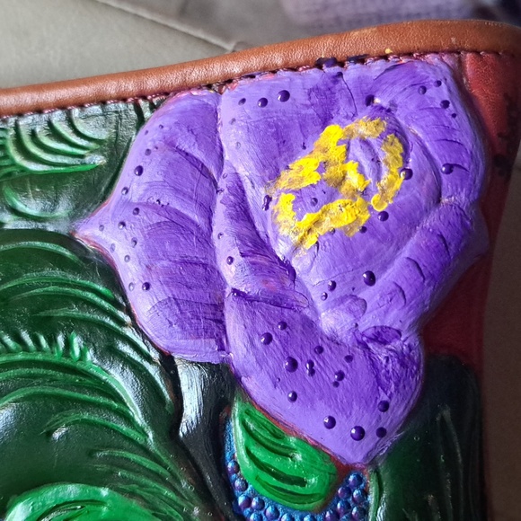 Hand Painted Floral Leather Bag Purse Vintage Zip Top Satchel - Picture 15 of 16